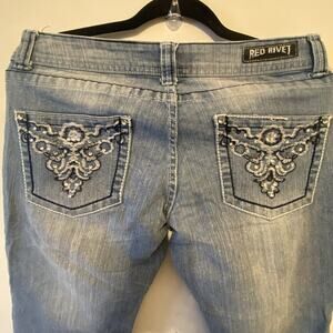 Red Rivet Capri Jeans Women 11 Light Wash Low Rise Embellished MidRise Y2K Bling